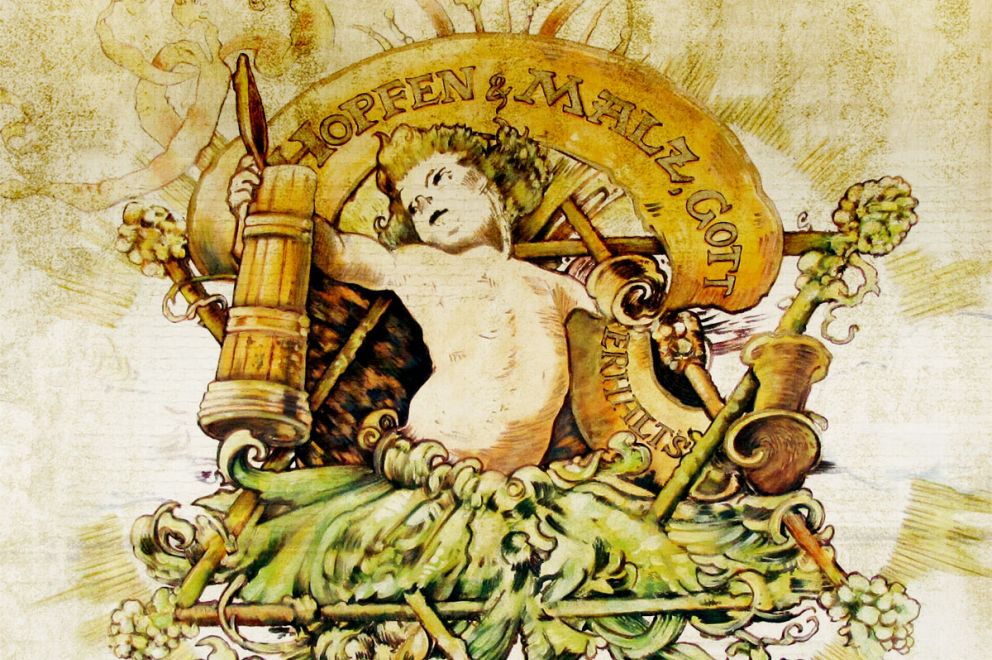 Alte Malerei mit Engel und Bierkrug sowie der Schrift Hopfen und Malz, Gott erhalts